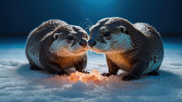 Two otters curiously interact around glowing crystals on a snowy surface.