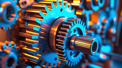 High-tech industrial gears in synchronized motion, illuminated by futuristic lighting, emphasizing mechanical efficiency, manufacturing processes, and modern engineering advancements

