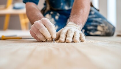 Close-Up of Hands Hammering Nail into Light Wood