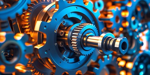 High-tech industrial gears in synchronized motion, illuminated by futuristic lighting, emphasizing mechanical efficiency, manufacturing processes, and modern engineering advancements

