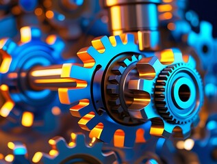 High-tech industrial gears in synchronized motion, illuminated by futuristic lighting, emphasizing mechanical efficiency, manufacturing processes, and modern engineering advancements

