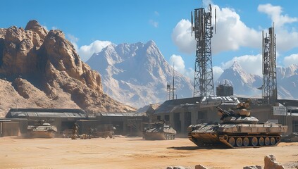 Desert military base, tanks, communication towers, mountains