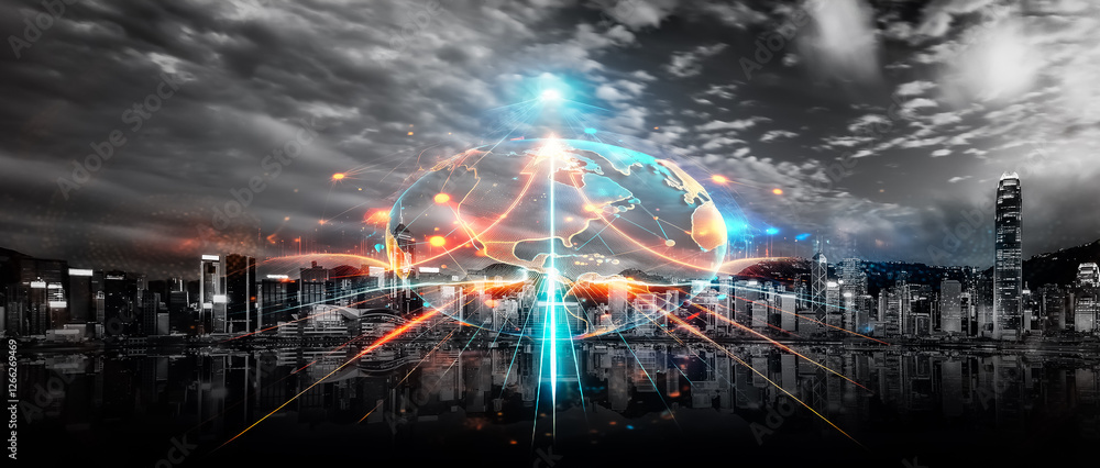 Aufkleber Double exposure concept of Hong Kong skyline. Glowing globe with upward arrows symbolizes growing future.