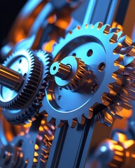 Macro shot of interwoven mechanical gears, reflecting detailed craftsmanship in an industrial setting with dramatic lighting, symbolizing innovation, mechanics, and automation


