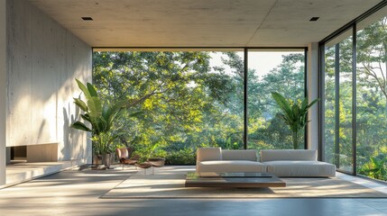 Fototapeta premium modern living room with lush greenery view