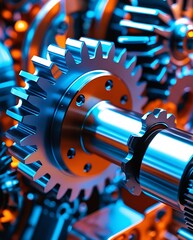 Macro shot of interwoven mechanical gears, reflecting detailed craftsmanship in an industrial setting with dramatic lighting, symbolizing innovation, mechanics, and automation

