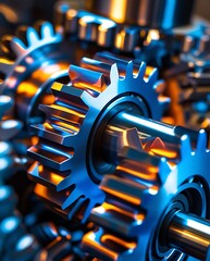 Macro shot of interwoven mechanical gears, reflecting detailed craftsmanship in an industrial setting with dramatic lighting, symbolizing innovation, mechanics, and automation

