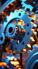 Macro shot of interwoven mechanical gears, reflecting detailed craftsmanship in an industrial setting with dramatic lighting, symbolizing innovation, mechanics, and automation

