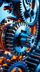 Intricate close-up of interlocking metal gears in a mechanical system, illuminated by blue and orange lighting, showcasing industrial precision, engineering, and technology in motion

