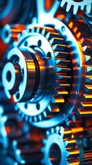 Intricate close-up of interlocking metal gears in a mechanical system, illuminated by blue and orange lighting, showcasing industrial precision, engineering, and technology in motion


