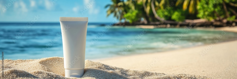 Aufkleber cosmetics cream tube resting on sandy beach with tropical background and calm ocean waters during a 