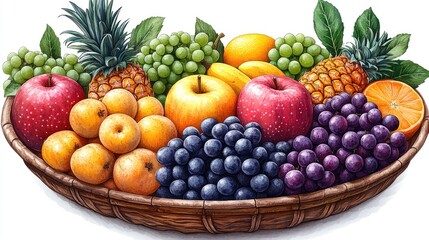A vibrant assortment of fresh fruits in a woven basket, showcasing colorful apples, grapes, and pineapples