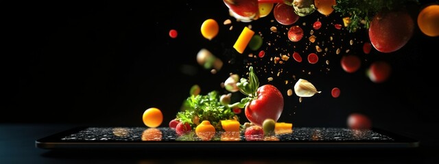 A vibrant assortment of fruits and vegetables appears to burst from a digital screen.