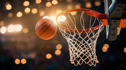 Basketball entering the hoop during a game