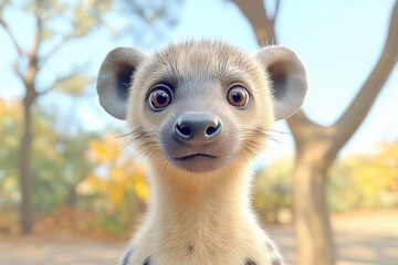 Obraz premium A close-up portrait of a young hyena with large expressive eyes and a curious expression, set against a blurred natural background.