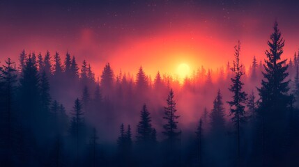 Fototapeta premium Mystical twilight over a foggy coniferous forest landscape with bright sun