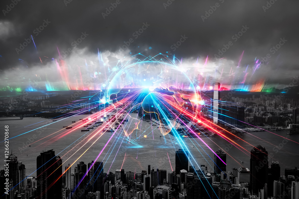Aufkleber a double exposure concept of hong kong showing city growth with vibrant lines emanating upwards agai