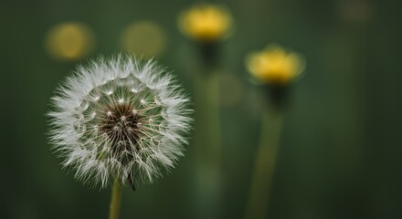 Fototapeta premium Dandelion Seed Head Closeup with Blurred Yellow Flowers Background