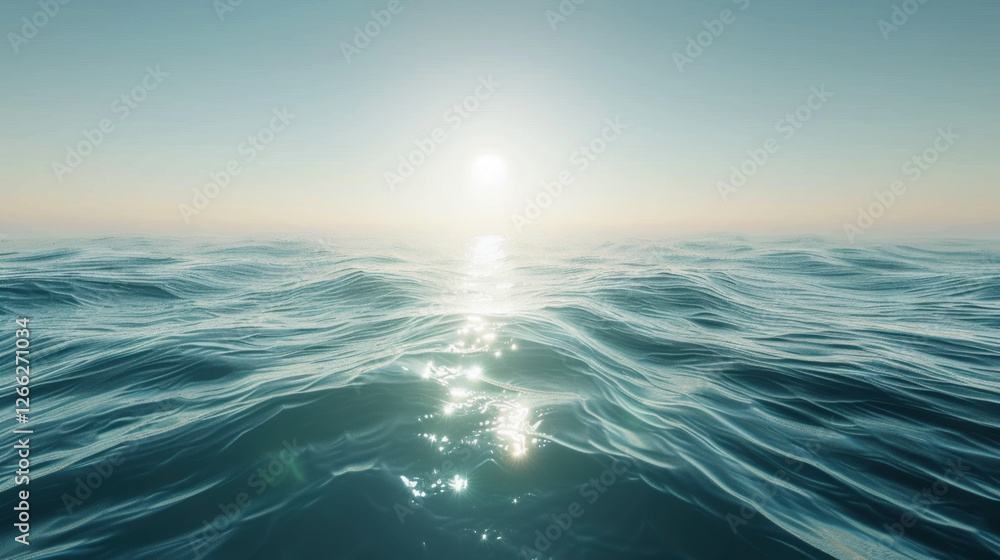 Poster serene ocean view with gentle waves reflecting sunlight, creating tranquil atmosphere. soft colors o