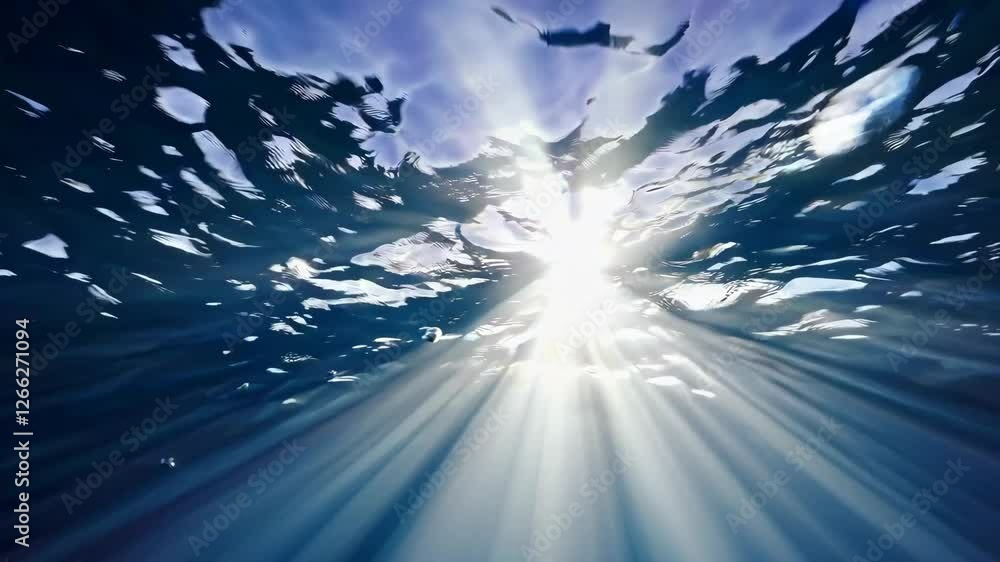 Poster Sunlight streaming through water creating ethereal rays and reflections, mesmerizing underwater scene