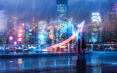 Hong Kong at night uses double exposure to concept growing up in a futuristic urban setting with a globe and upward arrow during rain.