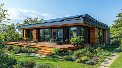 Fototapeta premium Modern Eco-Friendly Home with Solar Panels and Lush Garden: Sustainable Living in Nature's Embrace, Featuring Natural Materials and Beautiful Outdoor Space