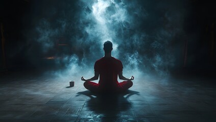 Meditating person in red suit, smoky warehouse background