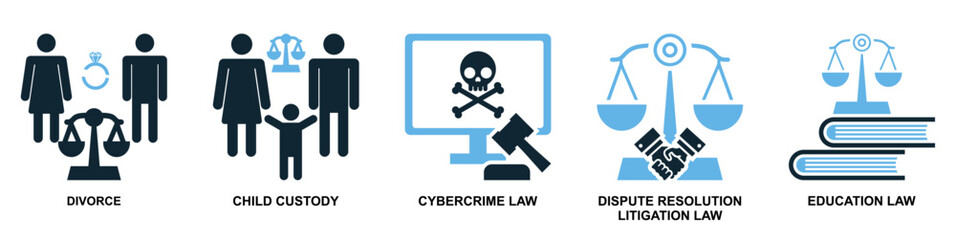 set of law and justice icon vector, featuring scales of justice, a gavel, courthouse for law firms, judiciary, legal services, and regulations