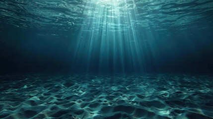 Fototapeta premium Underwater scene with sunlight rays illuminating ocean floor, creating serene atmosphere. sandy bottom is visible, enhancing tranquil beauty of underwater world