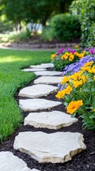 Bright Garden Path with Multicolored Flowers