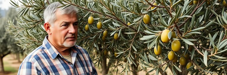Mature farmer carefully inspecting olives on tree in a sunny grove, mature, olive tree, rural