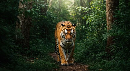 Majestic Tiger Walking Through Lush Jungle