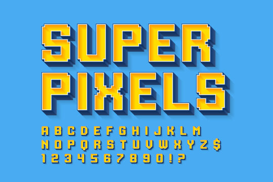 Pixel stylized vector alphabet design. High contrast and sharp, retro-futuristic.