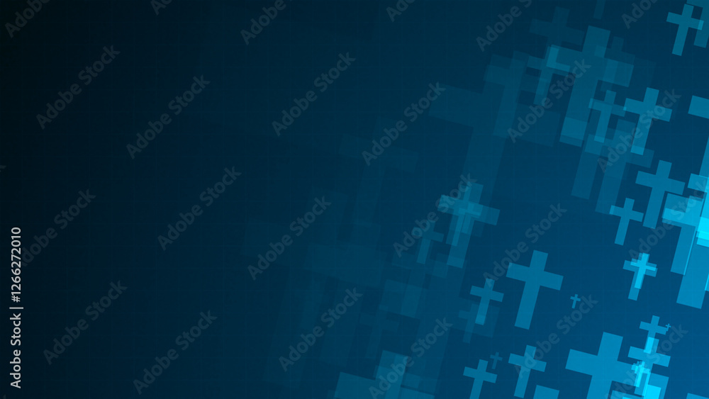Poster blue cross symbol shapes are moving from the bottom right of a gradient grid abstract background, ho