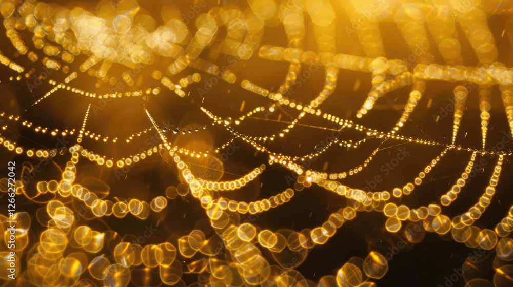 Poster close up view of spider web adorned with glistening water droplets, creating mesmerizing golden effe