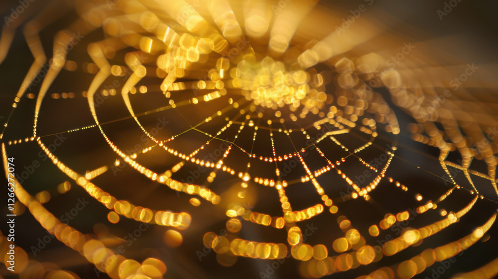Poster close up view of spider web glistening with dew drops, creating beautiful bokeh effect. intricate pa