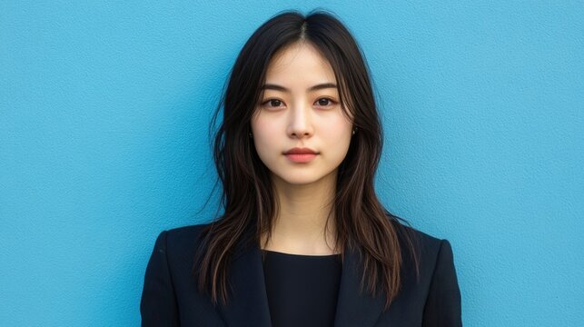 portrait of a young asian woman against a blue background
