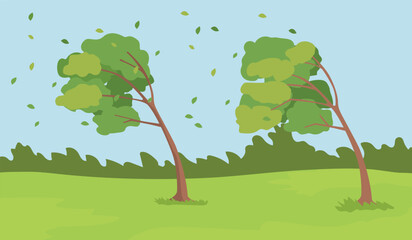 Strong wind blowing the trees in the windy day