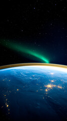 Obraz premium A stunning view of Earth from space, featuring a glowing comet streaking across the dark sky, illuminated city lights visible below.