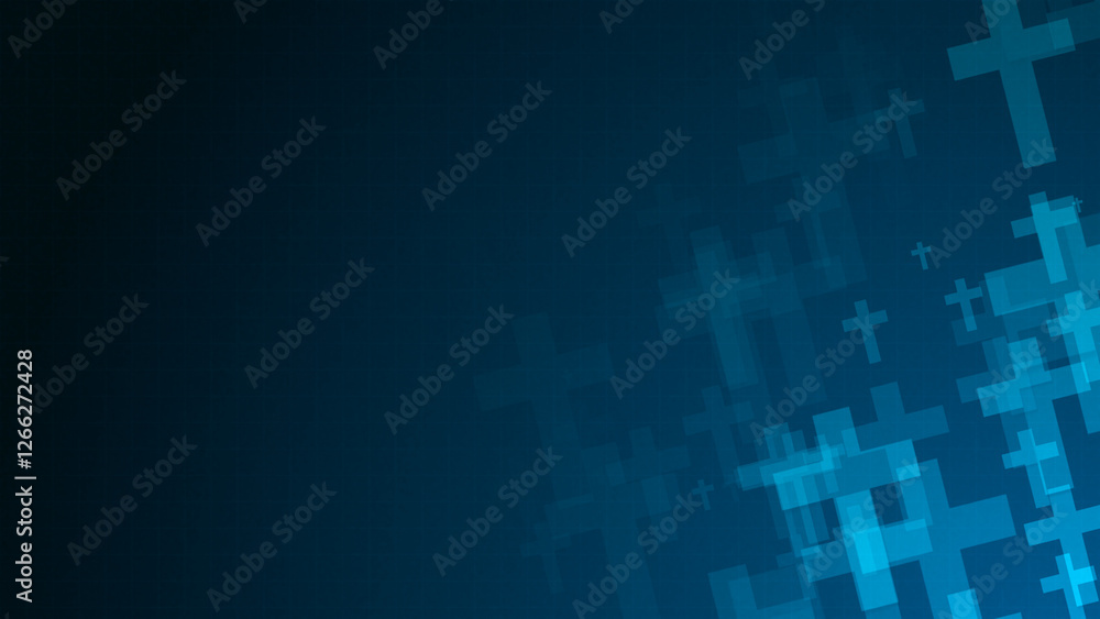 Poster blue cross symbol shapes are moving from the bottom right of a gradient grid abstract background, ho