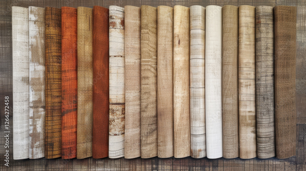Poster textured fabric rolls in various colors and patterns arranged neatly. collection showcases warm tone