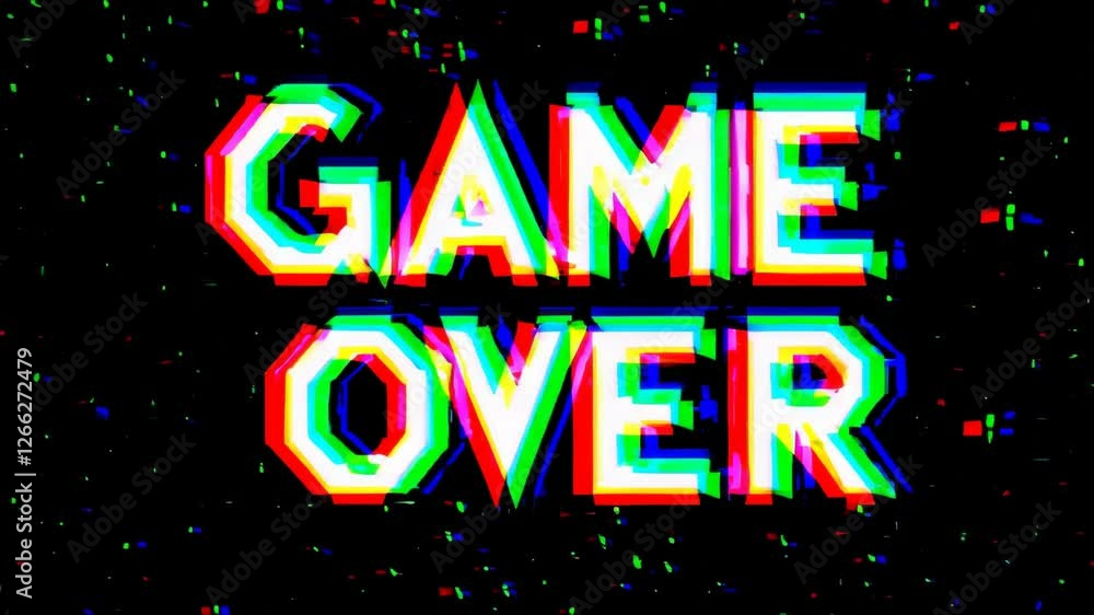 Poster game over glitch text with colorful distortion effect, retro video game concept