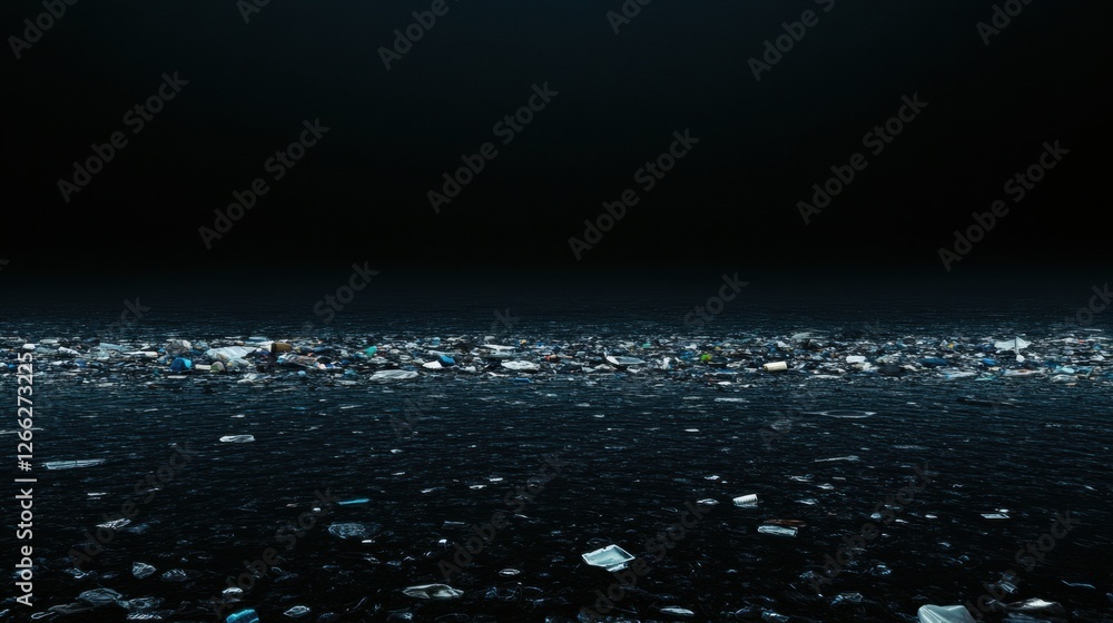 Poster Floating plastic waste covers the ocean surface creating environmental concerns and highlighting pollution issues. Generative AI