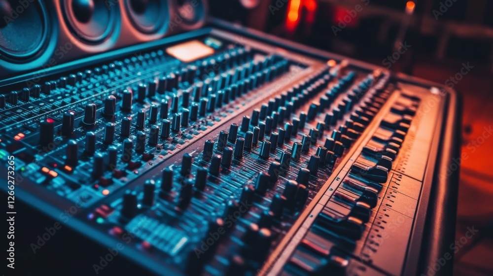 Poster an overhead angle of a mixing console integrated with studio monitors with soundproofing curtains dr