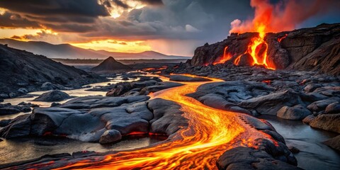 Fiery River of Molten Rock Flowing Through a Volcanic Landscape at Sunset