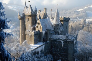 A winter medieval castle with snow - covered rooftops and frozen icicles hanging from the towers
