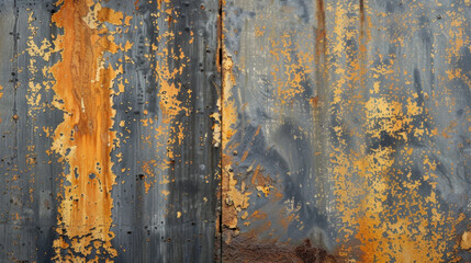 Rusty metal surface with peeling paint and corrosion, showcasing textures and colors of orange, brown, and gray. image captures beauty of decay and industrial aesthetics