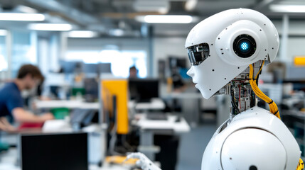 A sleek humanoid robot stands in a modern office, showcasing advanced technology amidst a collaborative work environment.