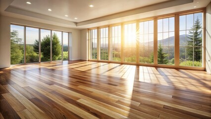 Obraz premium Sunlit Empty Room with Hardwood Floor and Expansive Windows Offering a Breathtaking View of Lush Greenery