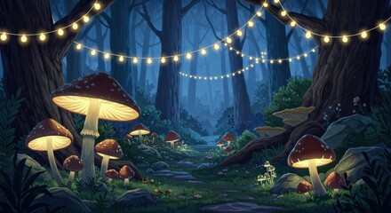 Whimsical Illustration of a Magical Forest with Glowing Mushrooms